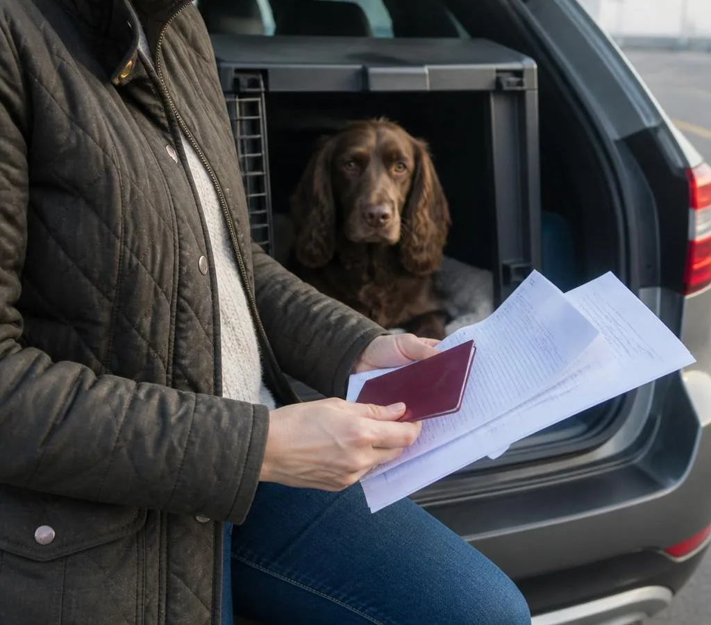 Dog taking a rest break during a private Toulouse to UK pet taxi journey