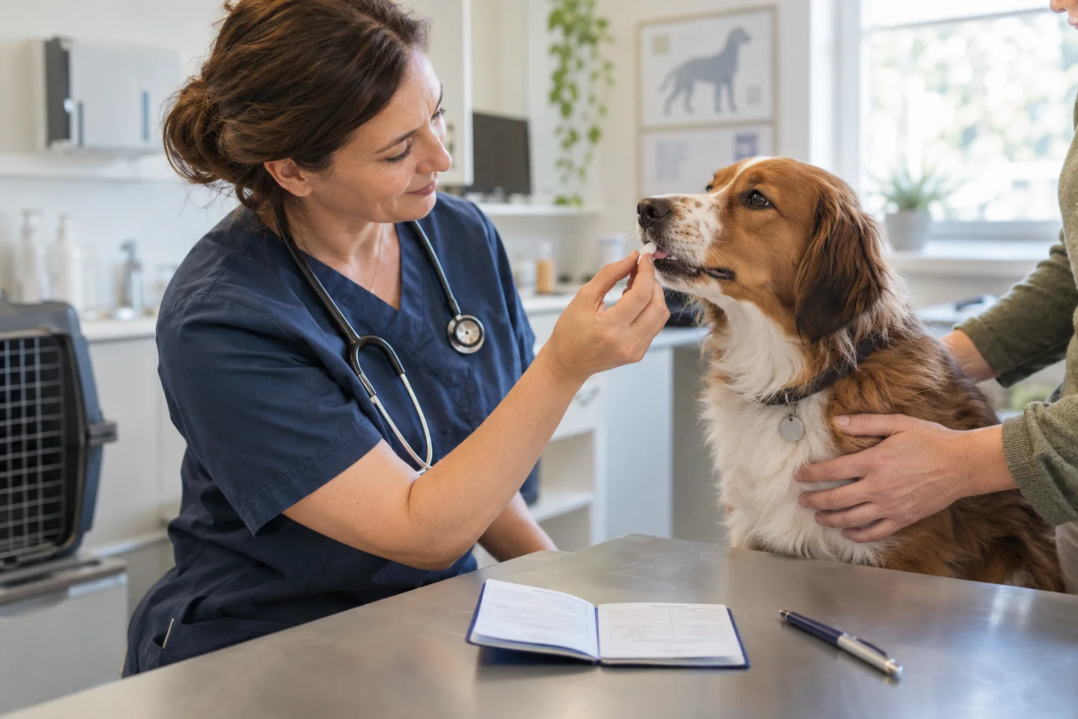 Veterinarian giving a dog tapeworm treatment beside an open pet passport