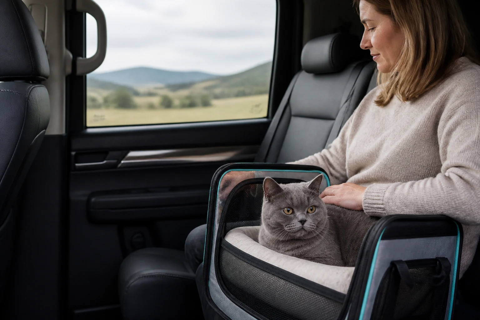 Cat travelling securely in a carrier during a private Düsseldorf to UK pet taxi journey