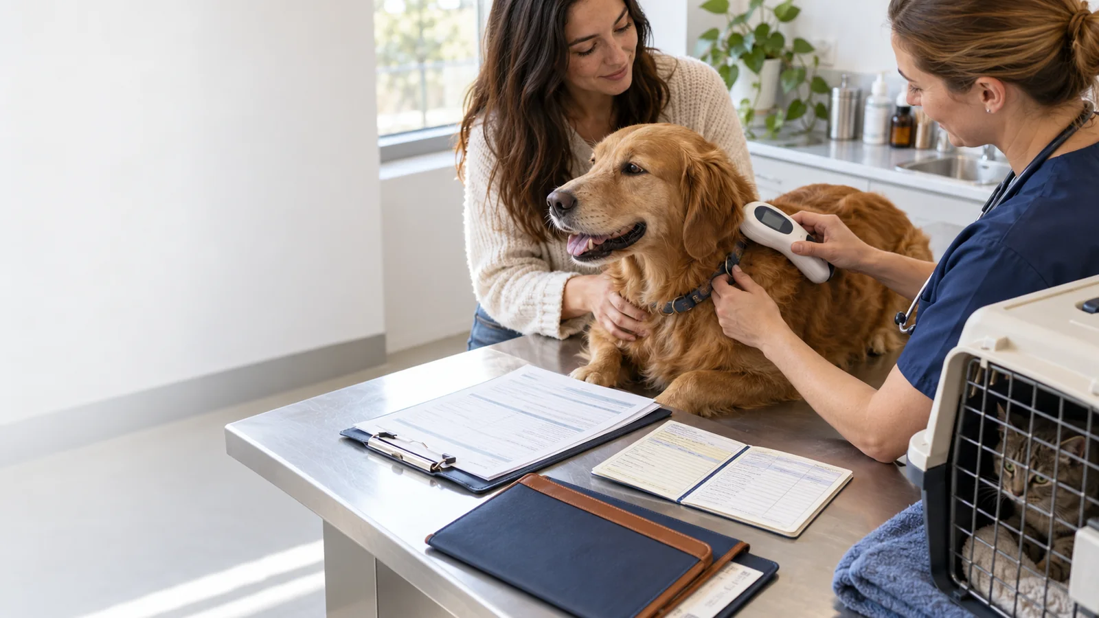 Veterinarian scanning a dog's microchip beside pet travel paperwork and a cat carrier