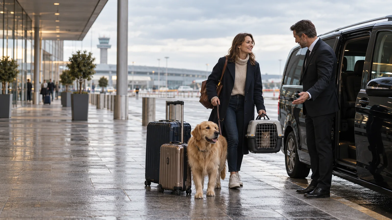 Traveller with a dog and cat carrier meeting a private driver at a European airport