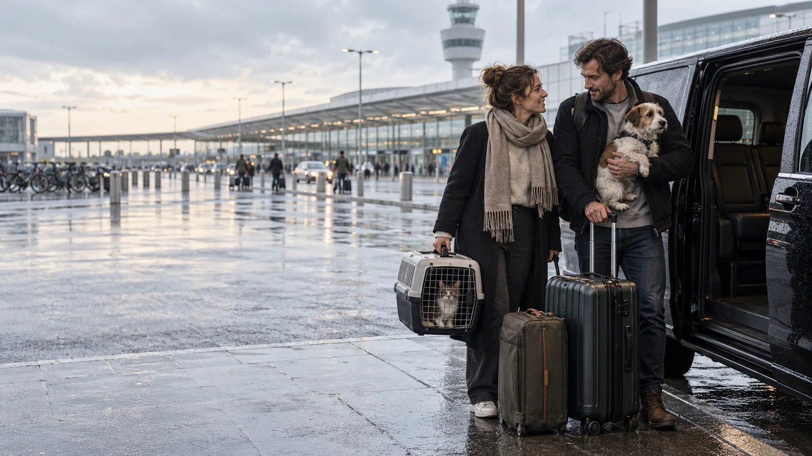 Travellers with a dog and cat carrier meeting a private driver outside an airport