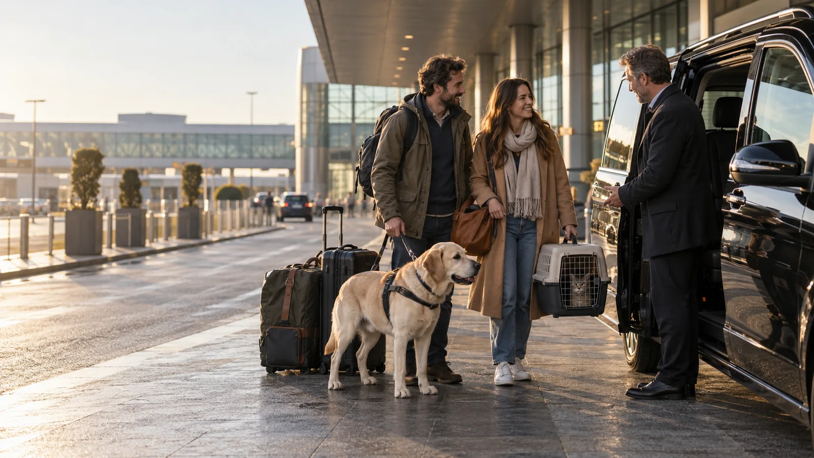 Travellers with a dog and cat carrier meeting a private driver at an airport pickup area