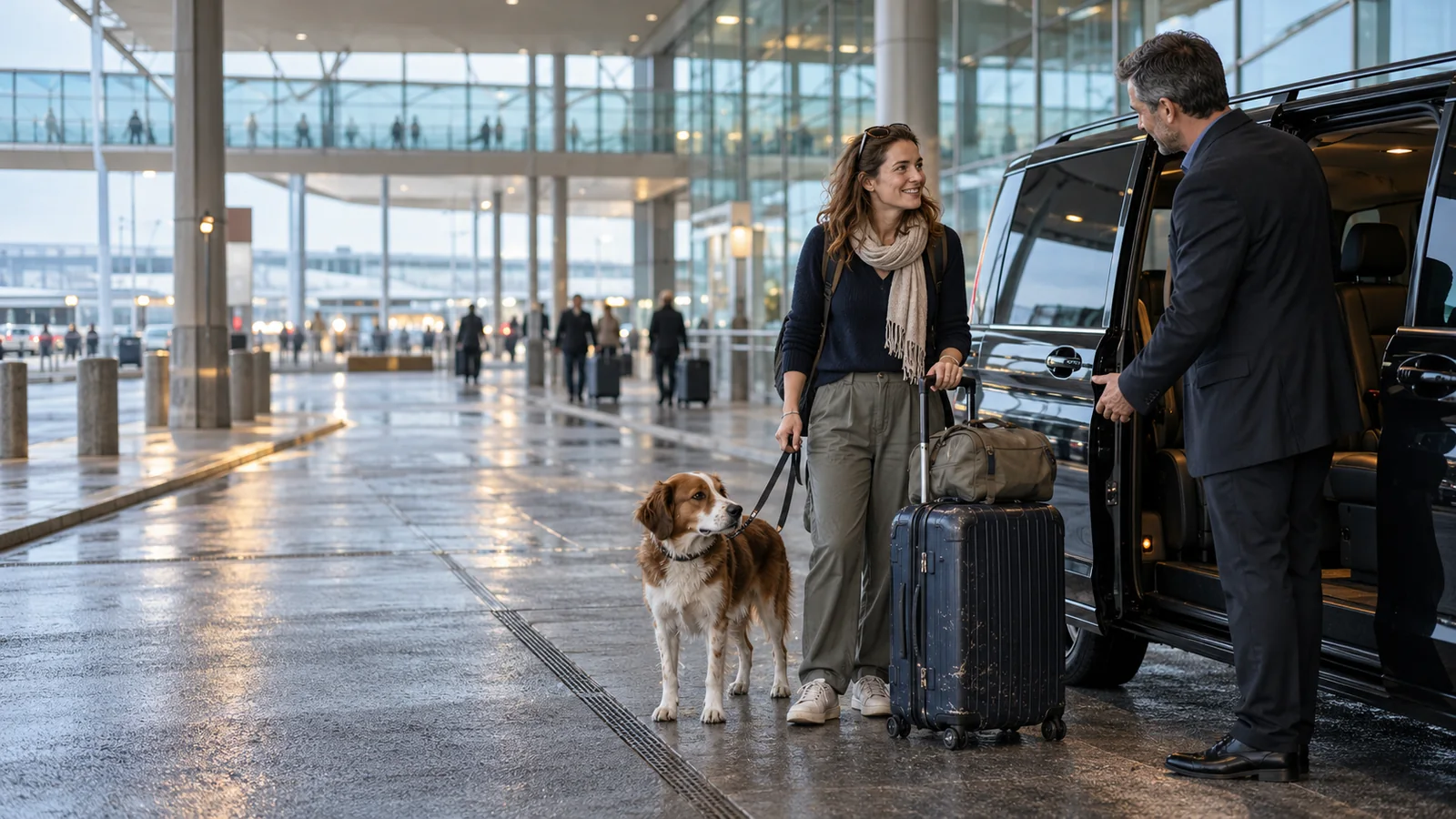 Traveller and dog meeting a private driver outside a European airport terminal
